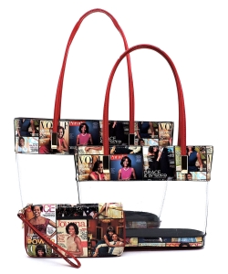 Magazine Cover Collage See Thru 3-in-1 Tote Set OA2669T MULTI/RED